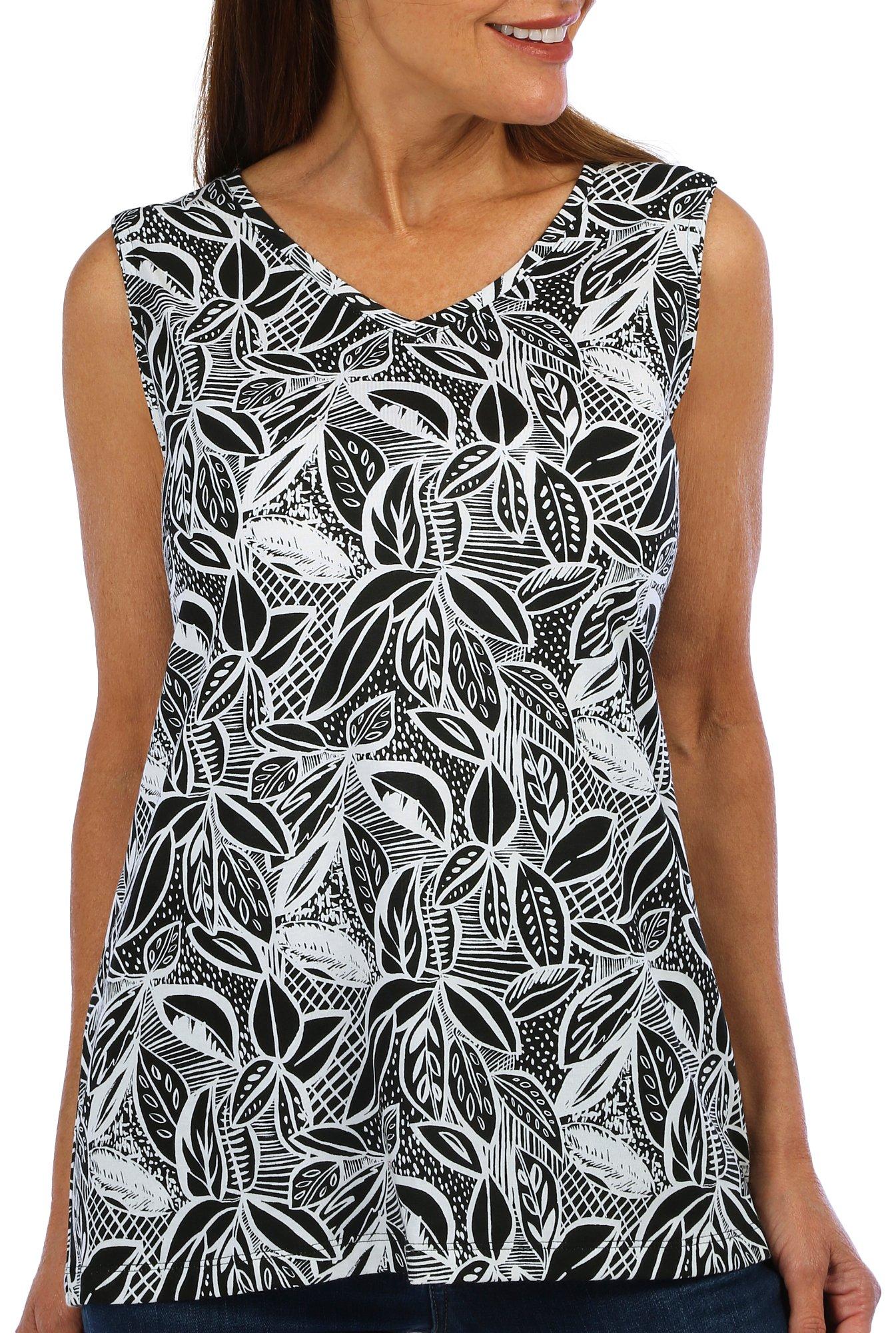 Coral Bay Womens Tropical Leaves V-Neck Sleeveless Top