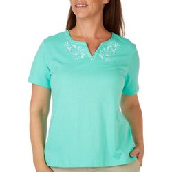 Coral Bay Womens Shells Split Embroidered Short Sleeve Top