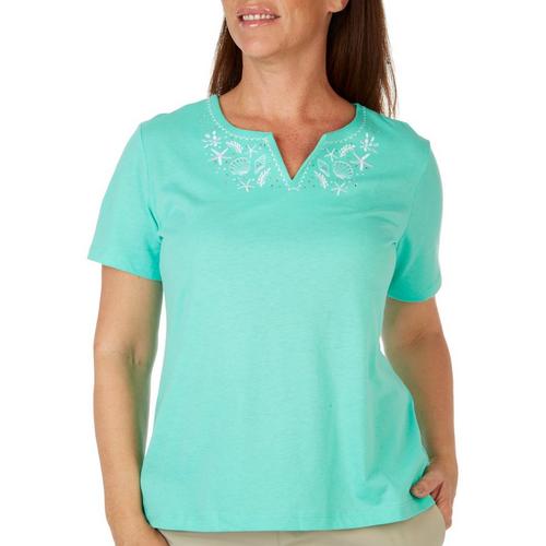 Coral Bay Womens Shells Split Embroidered Short Sleeve