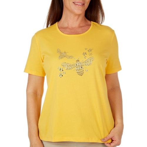 Coral Bay Womens Embellished Bee Short Sleeve Top