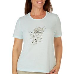 Coral Bay Womens Embellished Jellyfish Short Sleeve Top