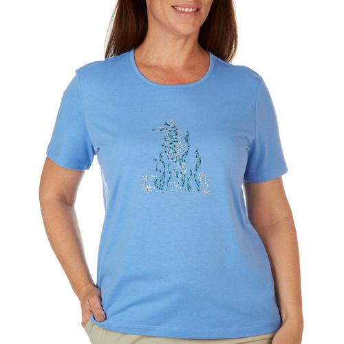 Coral Bay Womens Embellished Sea Horse Short Sleeve