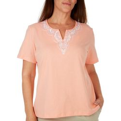 Coral Bay Womens Split Floral Embroidered Short Sleeve Top