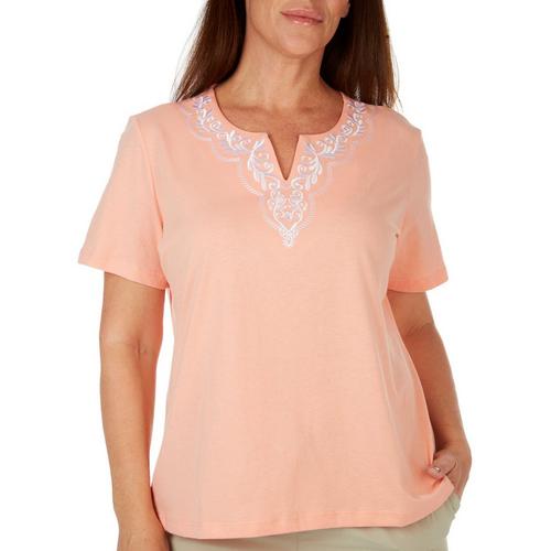 Coral Bay Womens Split Floral Embroidered Short Sleeve