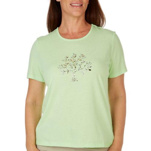 Coral Bay Womens Embellished Tree Short Sleeve Top