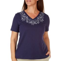 Coral Bay Womens Butterfly Embroidered Short Sleeve Top