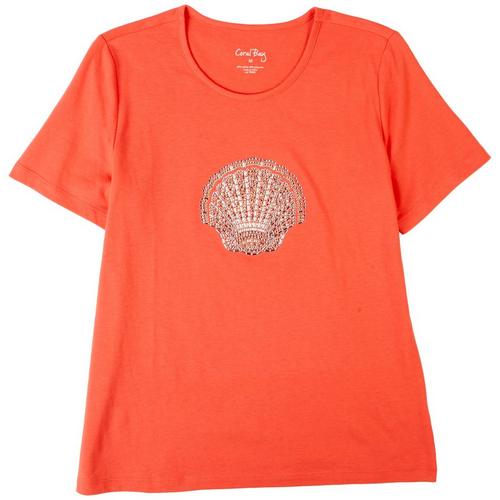 Coral Bay Womens Embellished Sea Shell Short Sleeve
