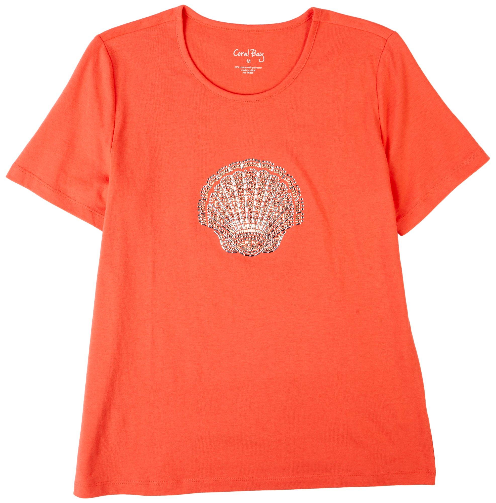 Womens Embellished Sea Shell Short Sleeve Top
