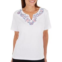 Coral Bay Womens Nautical Embellished Notched Neckline Tee