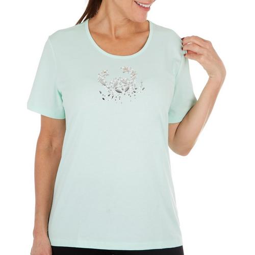 Coral Bay Womens Embellished Crab Short Sleeve Top