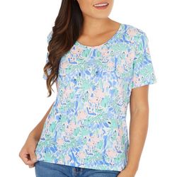 Coral Bay Womens Wide Round Neck Flamingo Short Sleeve Top