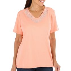 Coral Bay Womens Solid Jeweled V-Neck Short Sleeve Top