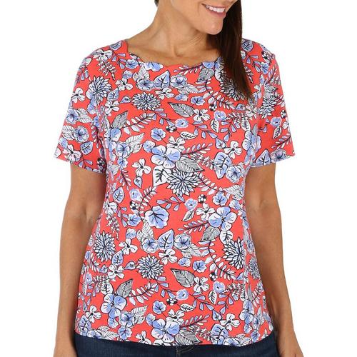 Coral Bay Womens Floral Print Scalloped Short Sleeve