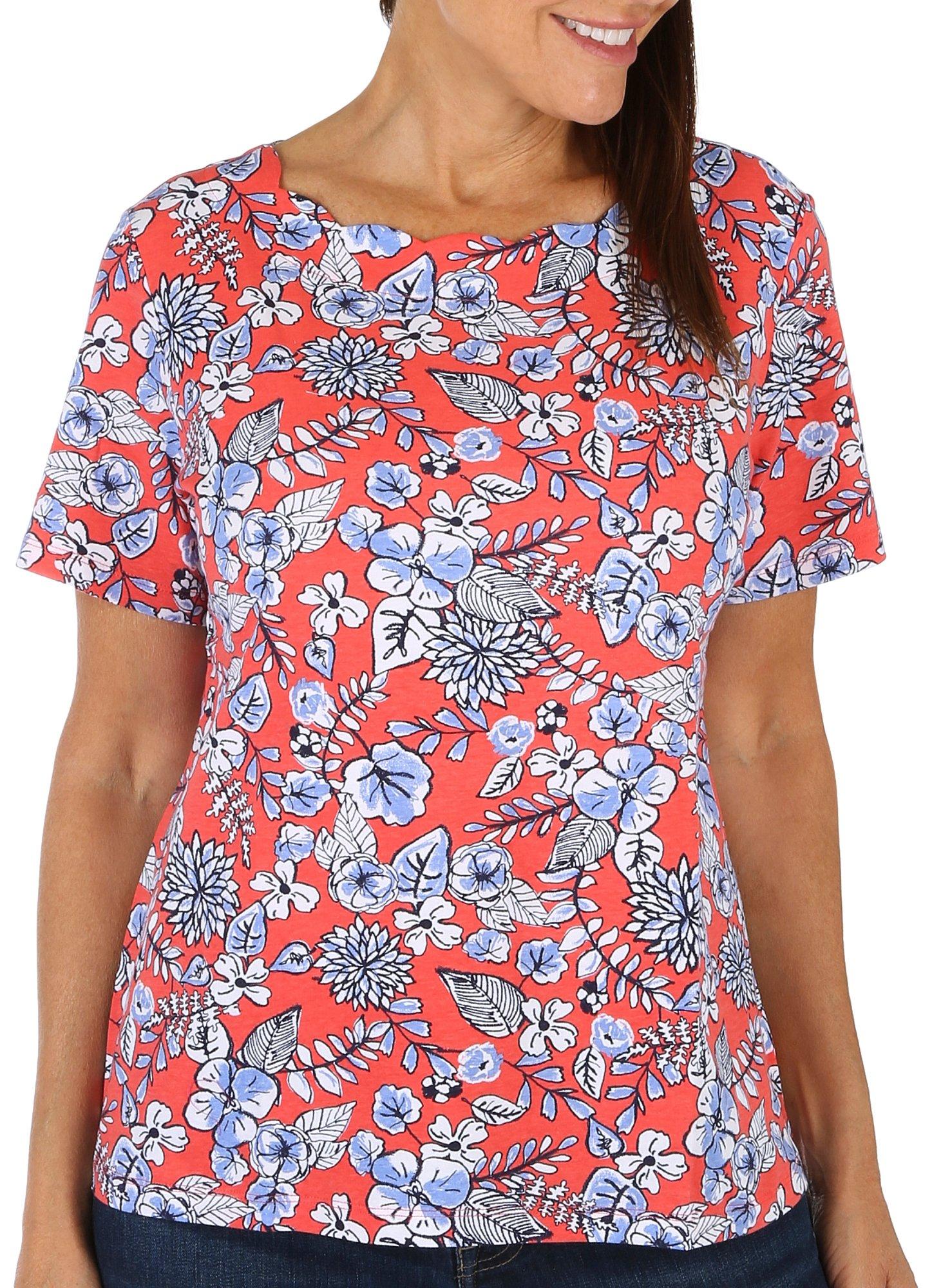 Womens Floral Print Scalloped Short Sleeve Top