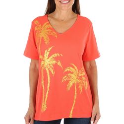 Coral Bay Womens Solid Palm Tree V-Neck Short Sleeve Top