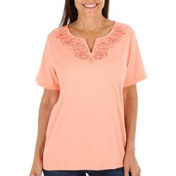 Coral Bay Womens Solid Notch Neck Short Sleeve Top