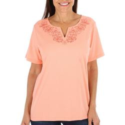 Womens Solid Notch Neck Short Sleeve Top