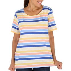 Coral Bay Womens Striped Short Sleeve Wide Scoop Neck Top