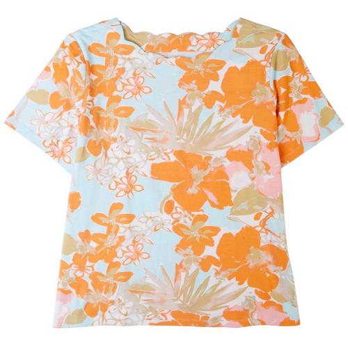 Coral Bay Womens Floral Scalloped Short Sleeve Top