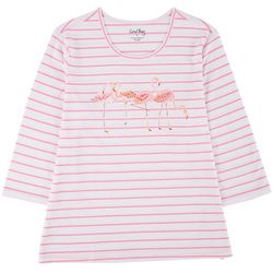 Coral Bay Womens Striped Flamingo 3/4 Sleeve Top