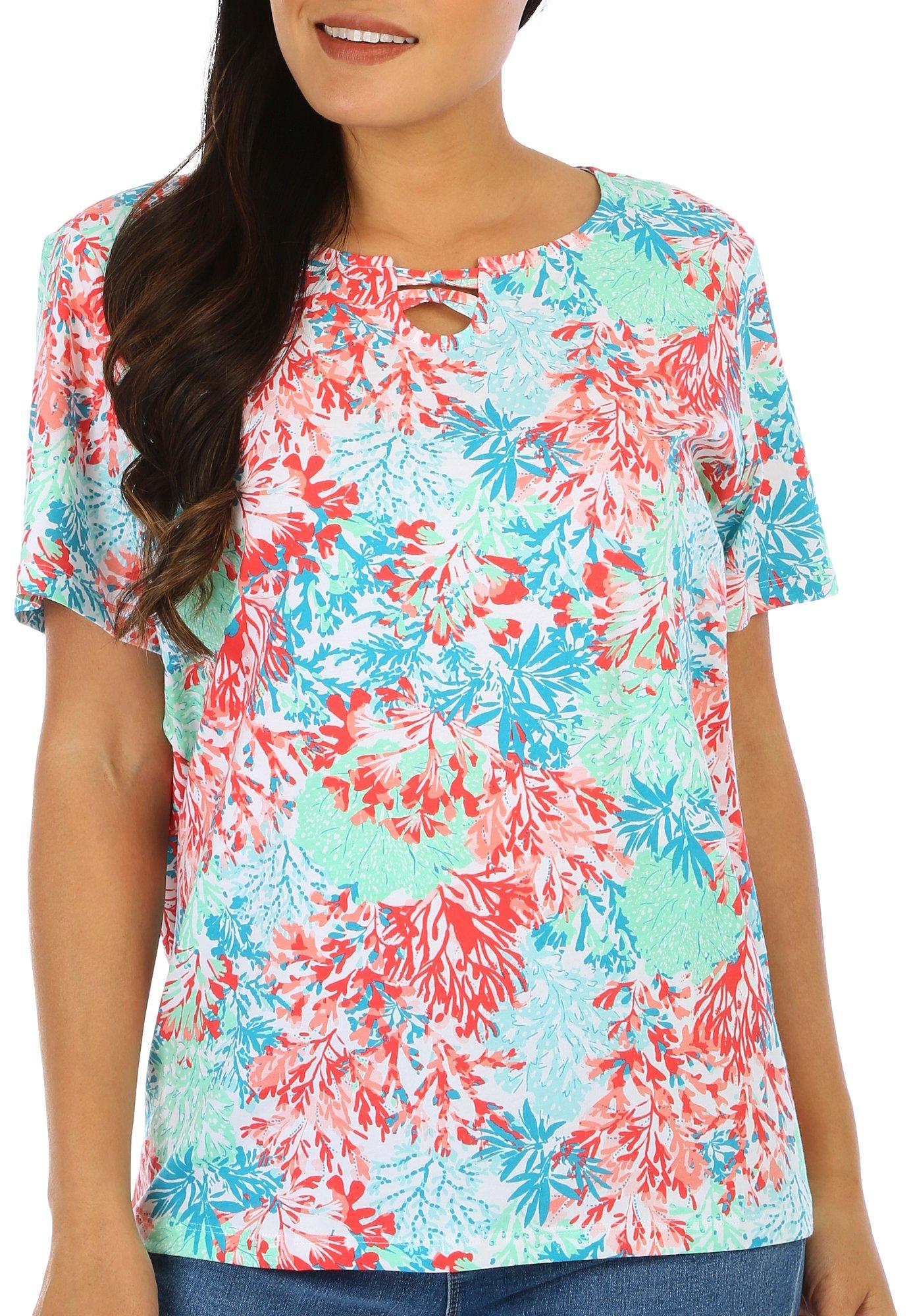 Coral Bay Womens Print Tie Keyhole Short Sleeve Top