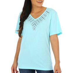 Coral Bay Womens Embellished Jewel Short Sleeve Top