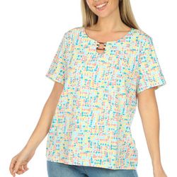 Coral Bay Womens Square Ring Keyhole Short Sleeve Top