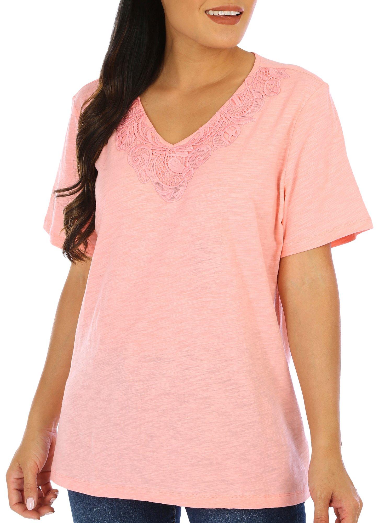 Coral Bay Womens Short Sleeve Lace V-Neckline Tee