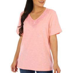 Coral Bay Womens Short Sleeve Lace V-Neckline Tee