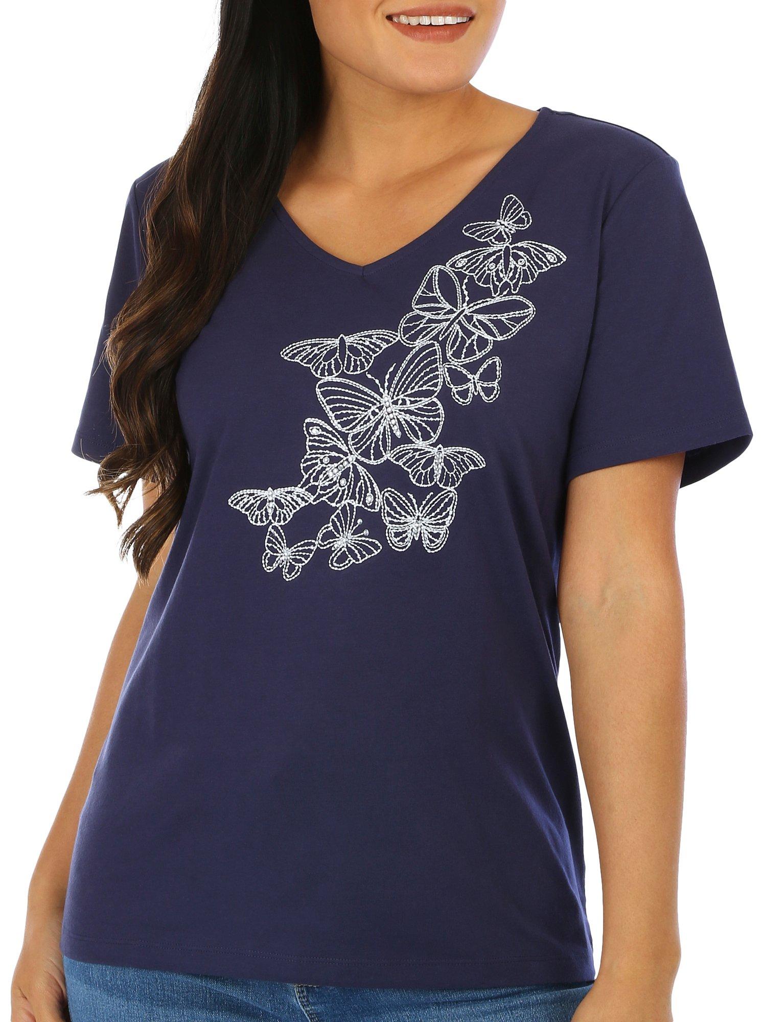 Coral Bay Womens Butterfly V-Neckline Short Sleeve Top