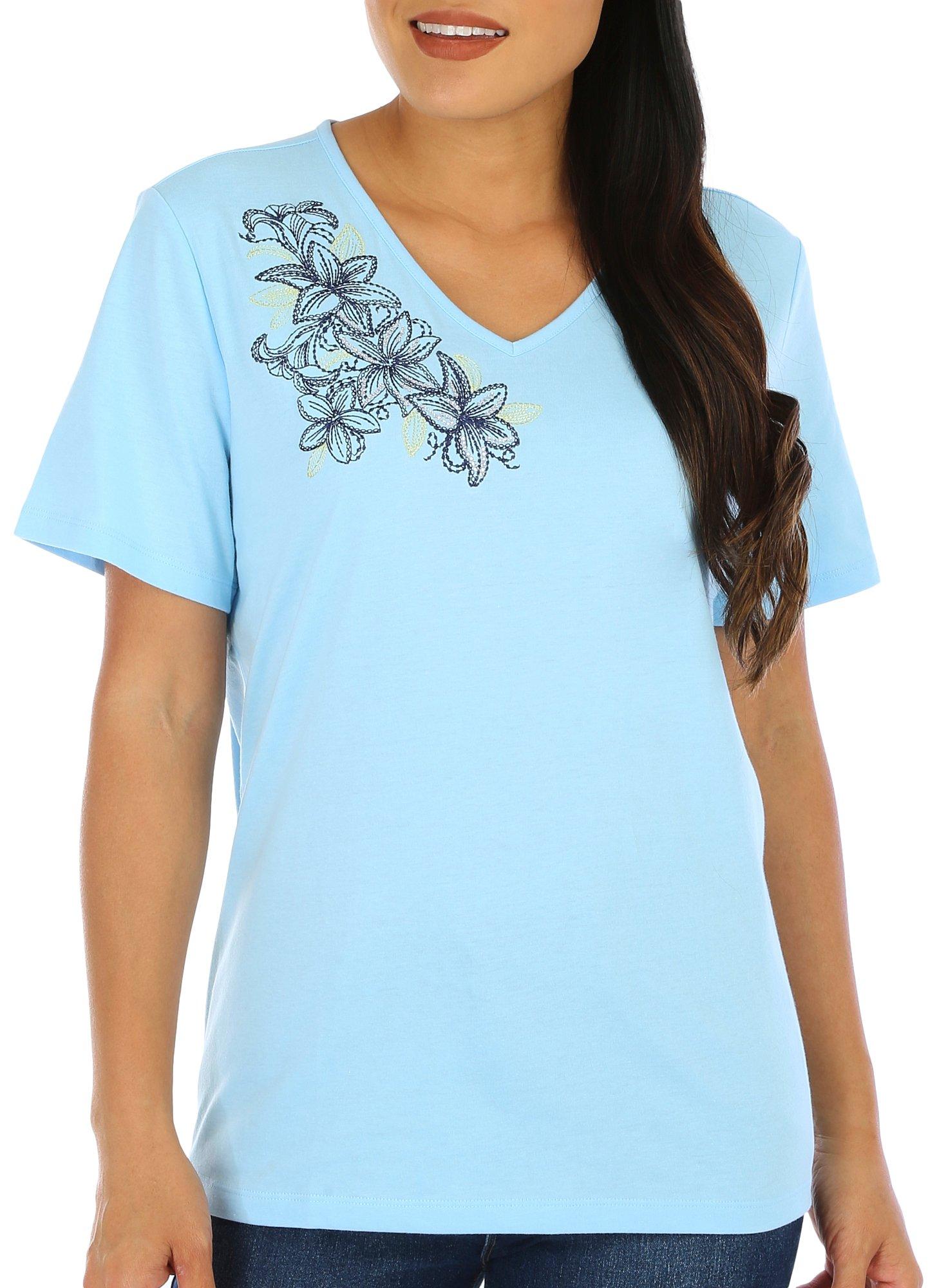Coral Bay Womens Embroidered Floral Short Sleeve Top