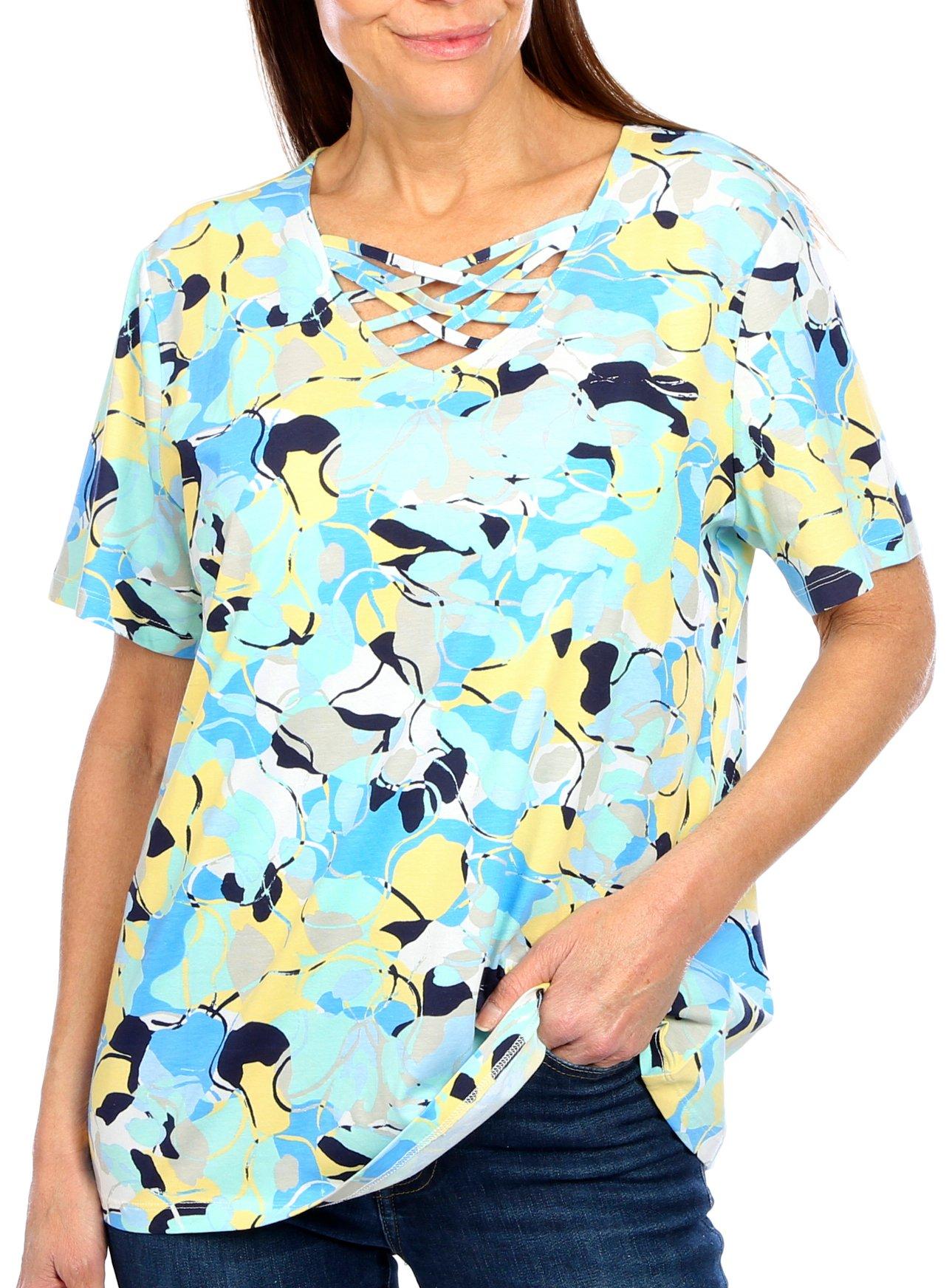 Coral Bay Womens Print Crisscross Short Sleeve Top