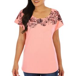 Coral Bay Womens Florall Embellished Short Sleeve Top