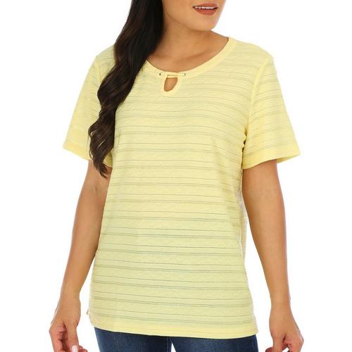 Coral Bay Womens Solid Keyhole Textured Short Sleeve