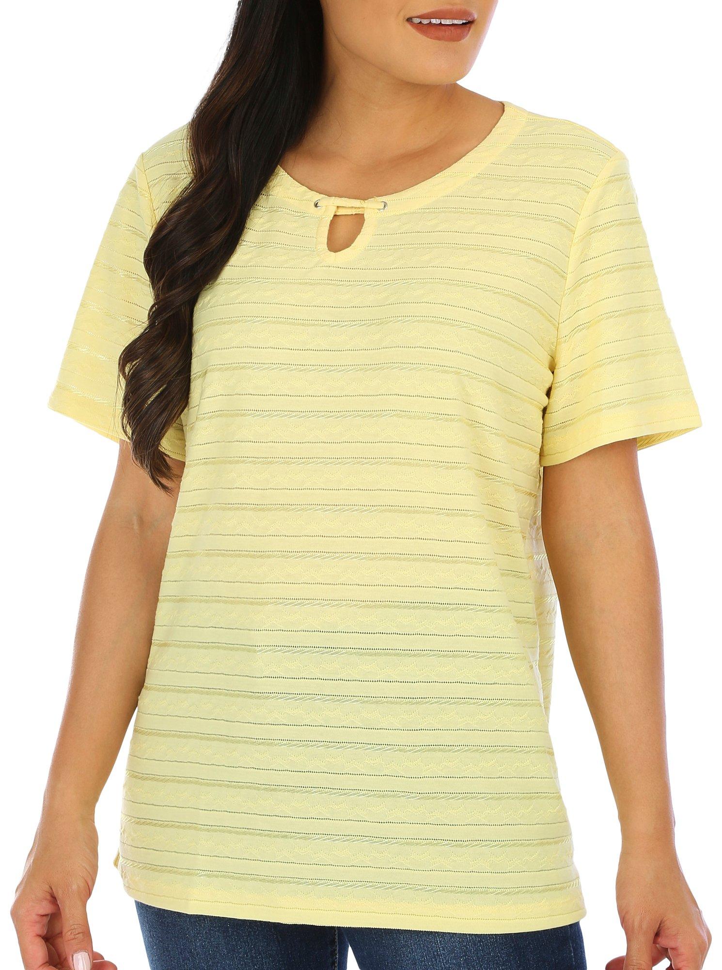 Womens Solid Keyhole Textured Short Sleeve Top