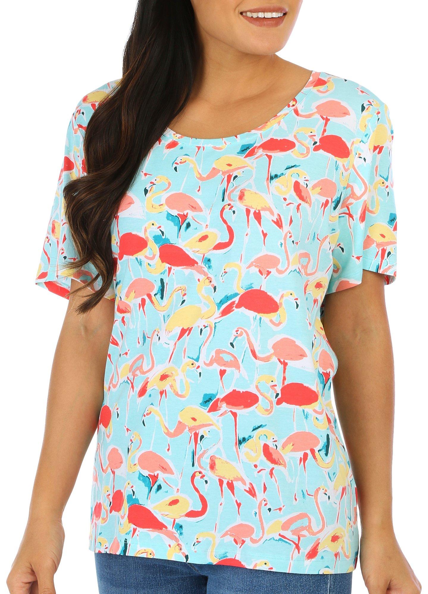 Coral Bay Womens Flamingo Print Short Sleeve Top