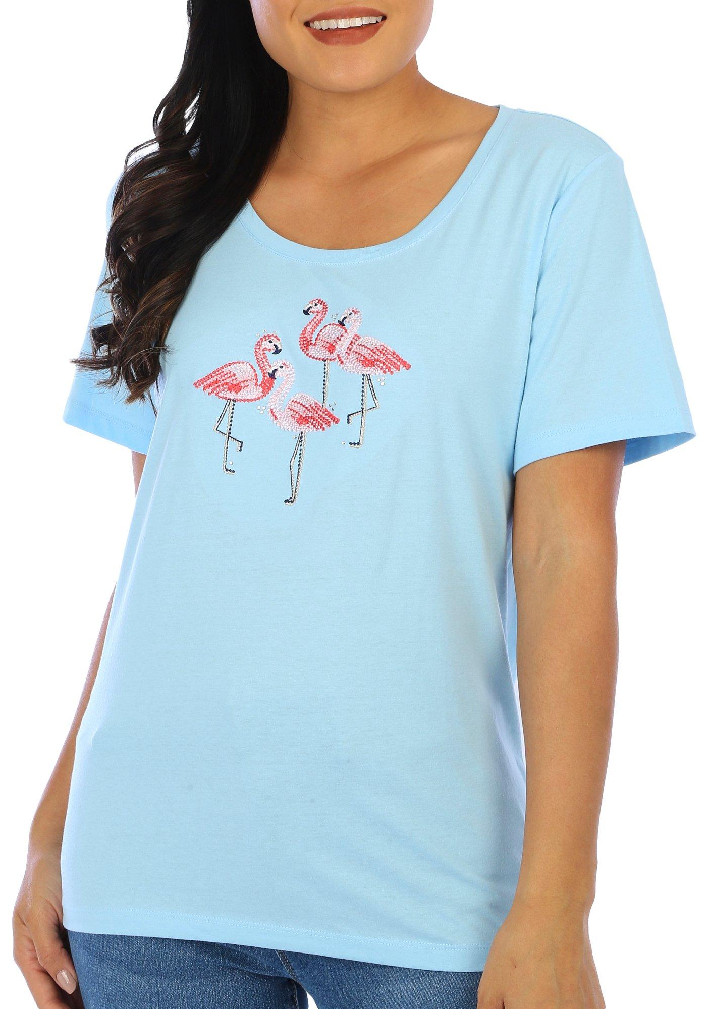 Coral Bay Womens Embellished Flamingo Short Sleeve Top