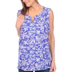 Coral Bay Womens Palm Print Double O-Ring Keyhole Tank Top