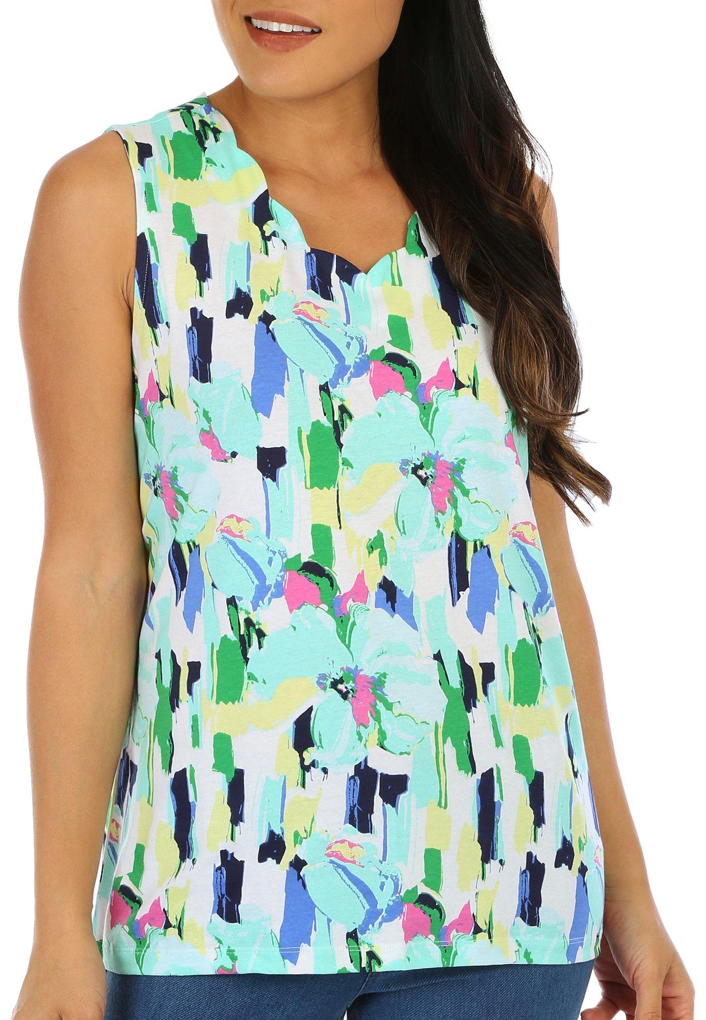 Womens Abstract Print Scallop V-Neck Tank Top