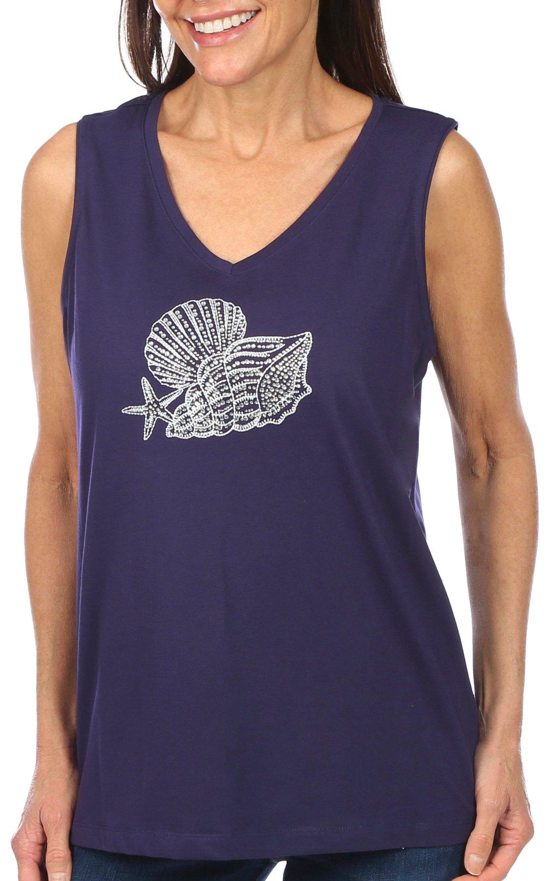 Coral Bay Womens Embroidered Sea Shells Tank Top