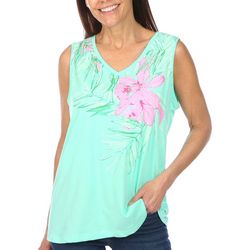 Coral Bay Womens Embellished Floral Print Sleeveless Top