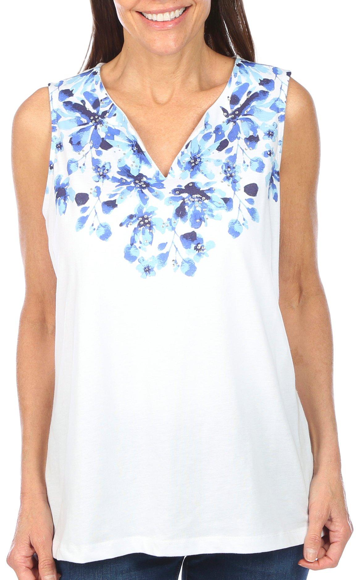 Coral Bay Womens Sleeveless Embellished Notch Neckline Top