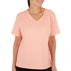 Coral Bay Womens Solid Button V-Neck Short Sleeve Top