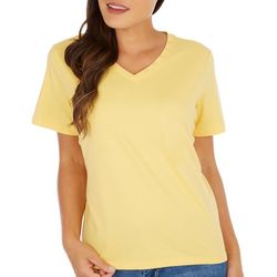 Coral Bay Womens Solid Button V-Neck Short Sleeve Top