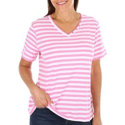 Coral Bay Womens Striped Button V-Neck Short Sleeve Top