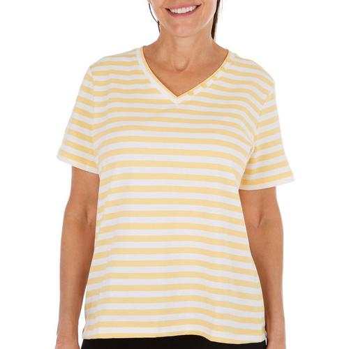 Coral Bay Womens Striped Button V-Neck Short Sleeve