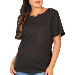 Coral Bay Womens Solid Crisscross Keyhole Short Sleeve Top