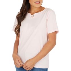 Coral Bay Womens Solid Crisscross Keyhole Short Sleeve Top