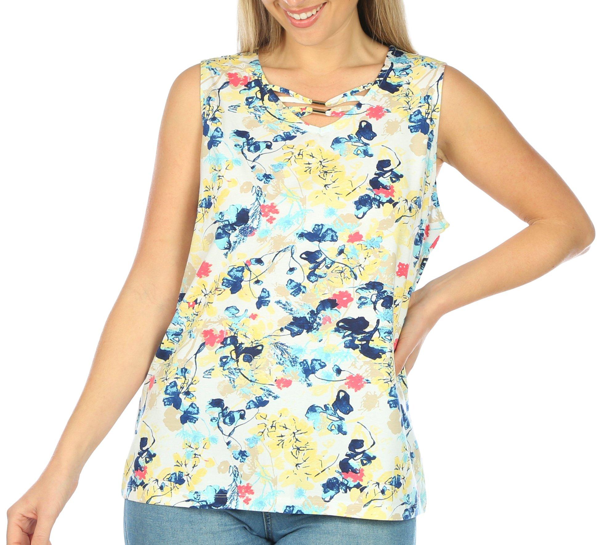 Coral Bay Womens Floral V-Neck Sleeveless Top