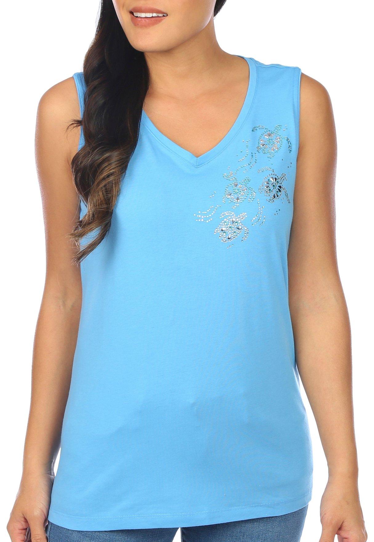 Coral Bay Womens Turtle Jewel Embellished Sleeveless Top